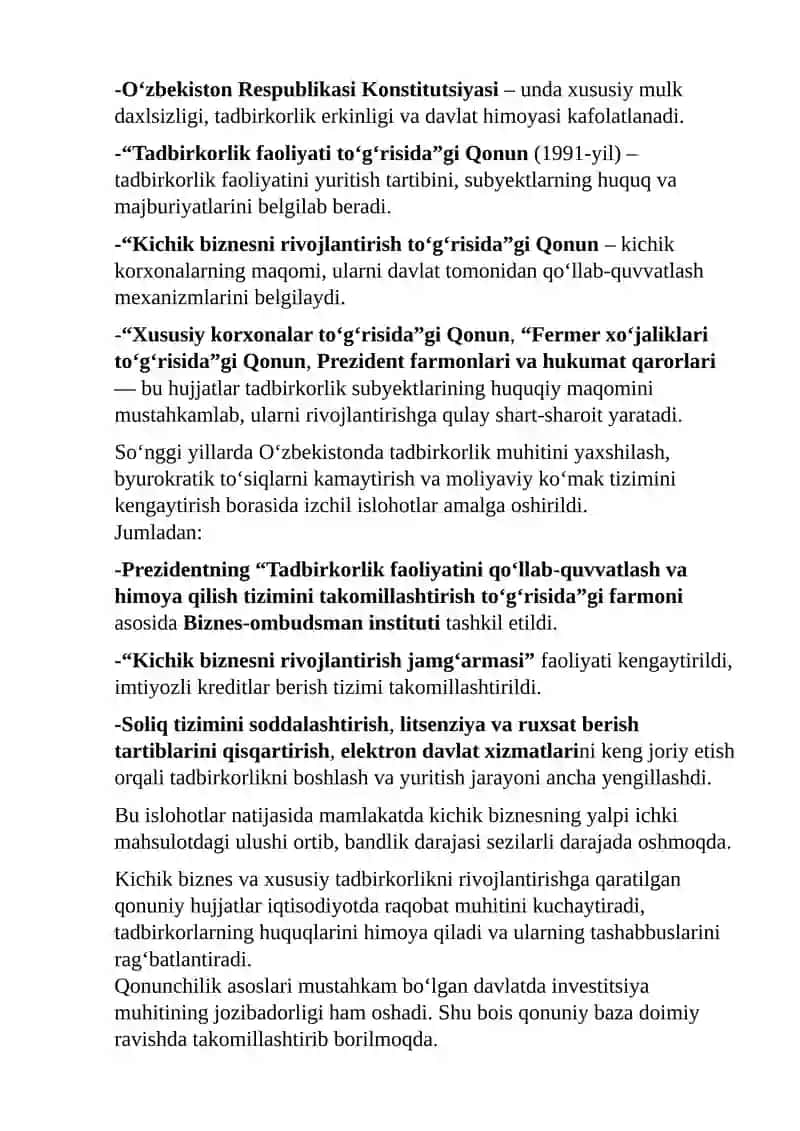 Kichik biznes va xususiy tadbirkorlikni rivojlantirish bo‘yicha qonuniy hujjatlar majmuasi 2