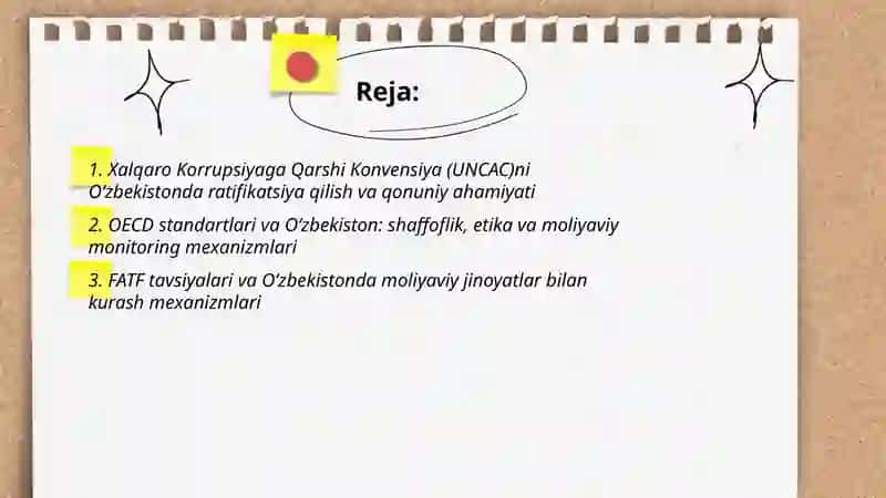 Korrupsiyaga qarshi kurash bõyicha xalqaro qonunlar va qarorlarning Õzbekistonda ratifikatsiya qilishning ahamiyati iqtisodiy-siyosiy va ijtimoiy huquqiy mexanizlari haqida 2