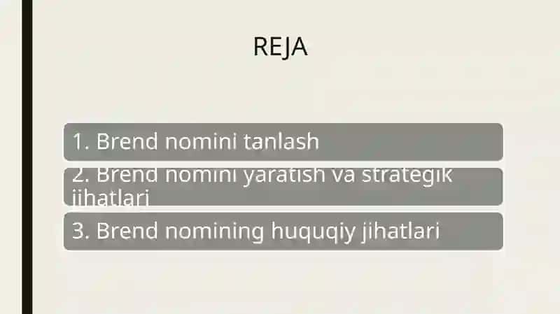 Brend nomini tanlash va uning huquqiy jihatlari. 2