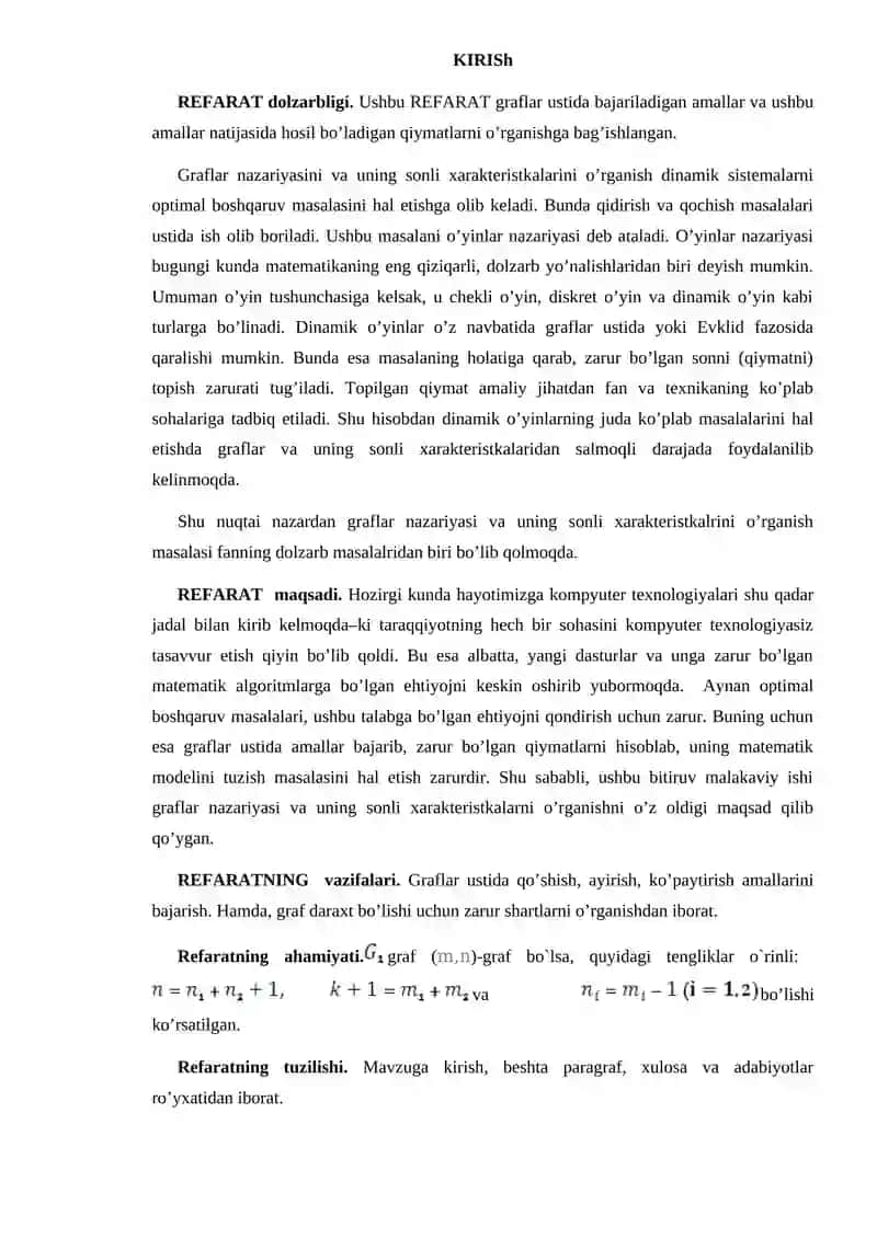 Graflar ustida amallar Referat 2