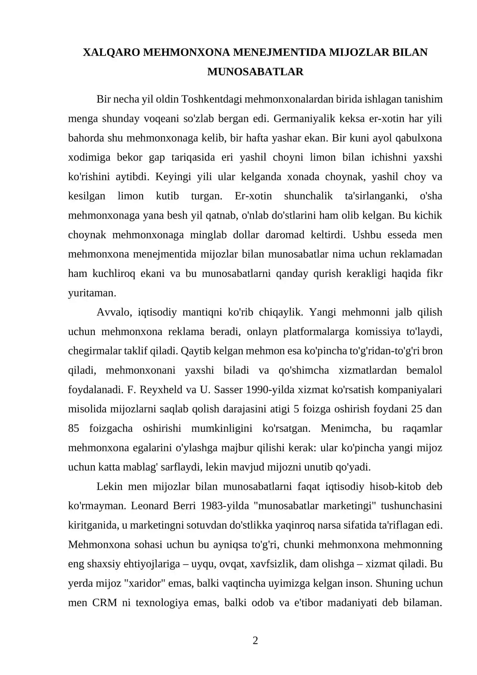 Xalqaro mehmonxona menejmentida mijozlar bilan munosabatlar 2