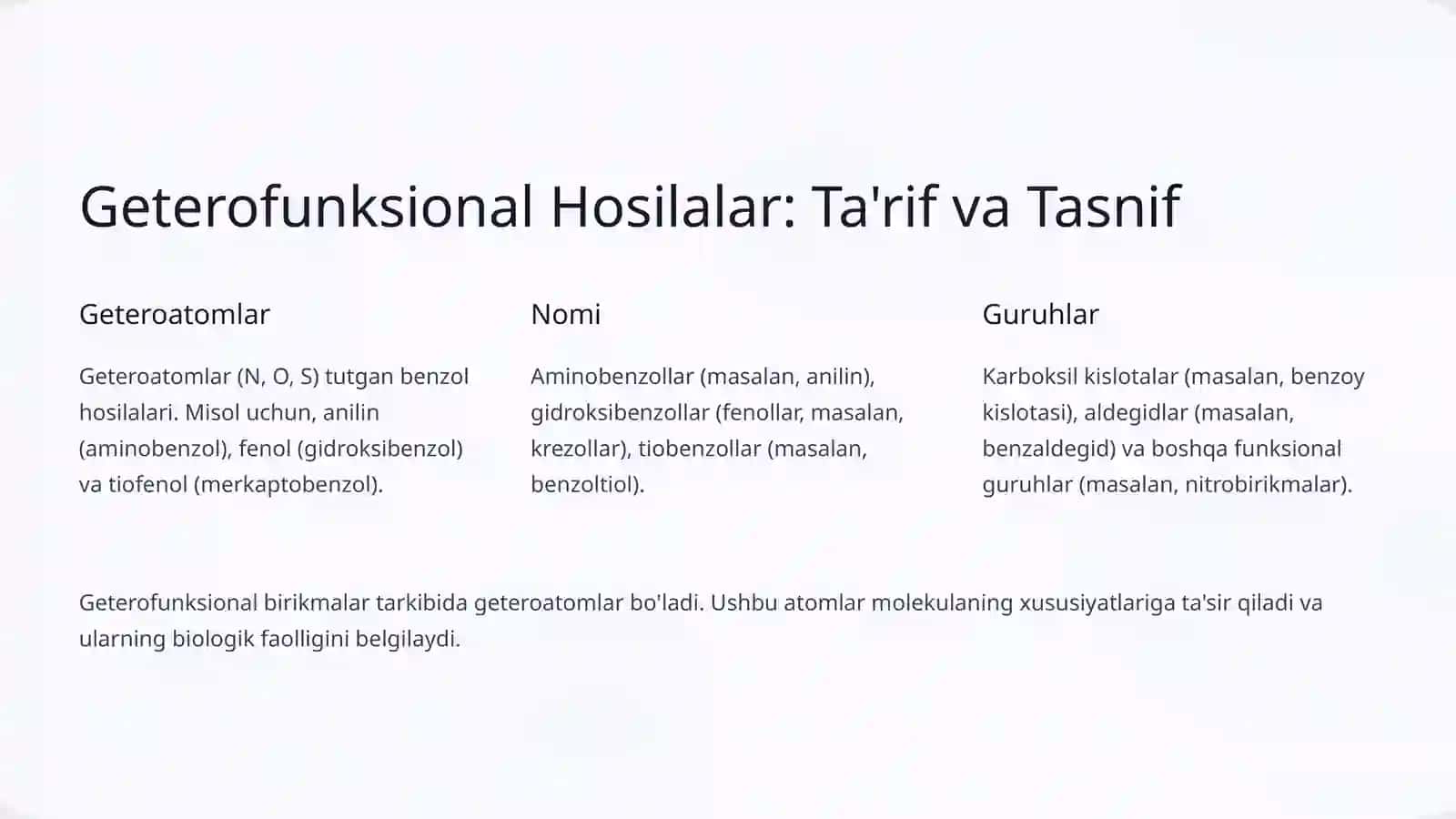 Benzolning Geterofunksional Hosilalari: Tuzilishi va Biologik Ahamiyati 2