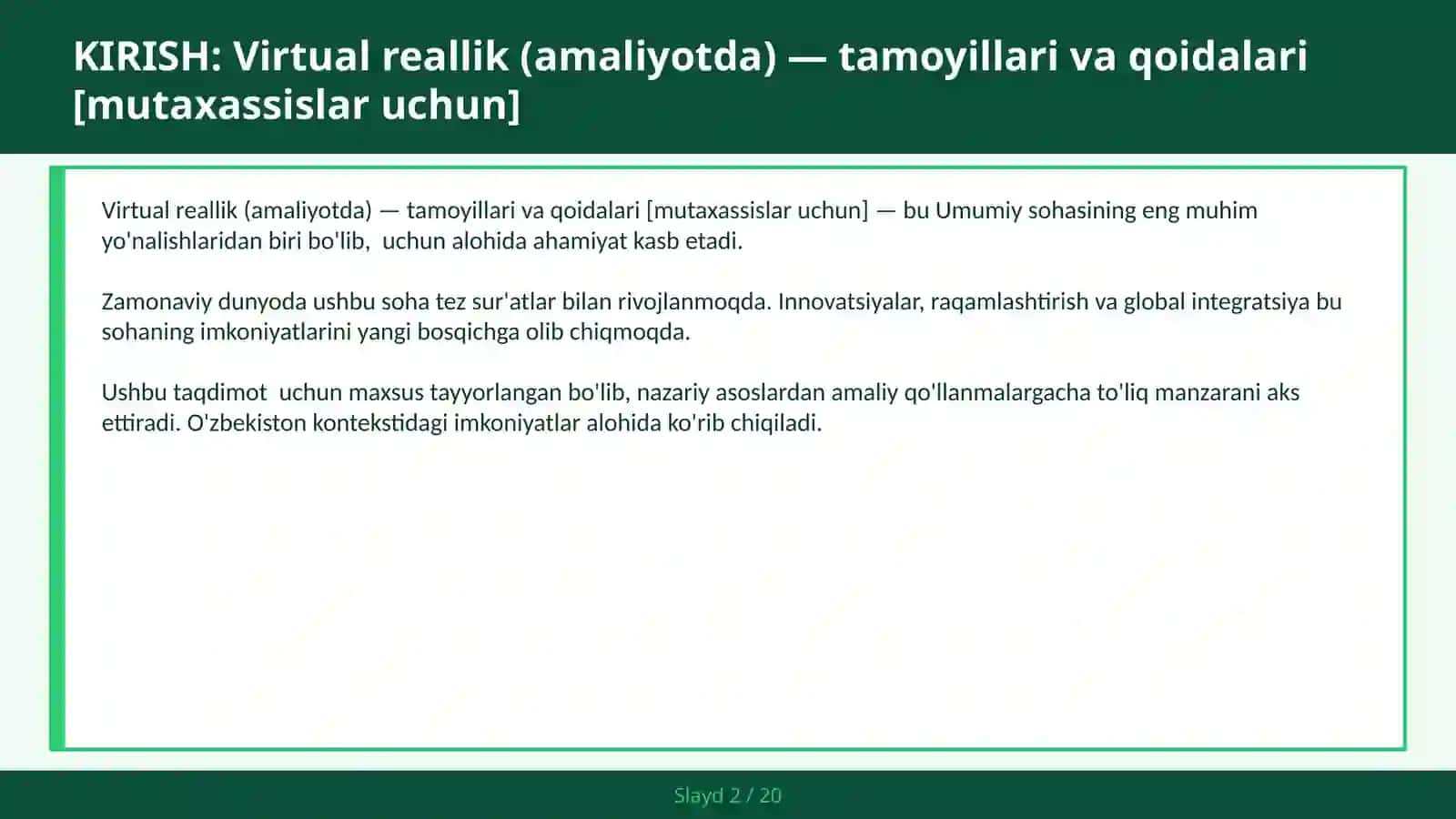 Virtual reallik (amaliyotda) — tamoyillari va qoidalari [mutaxassislar uchun] 2
