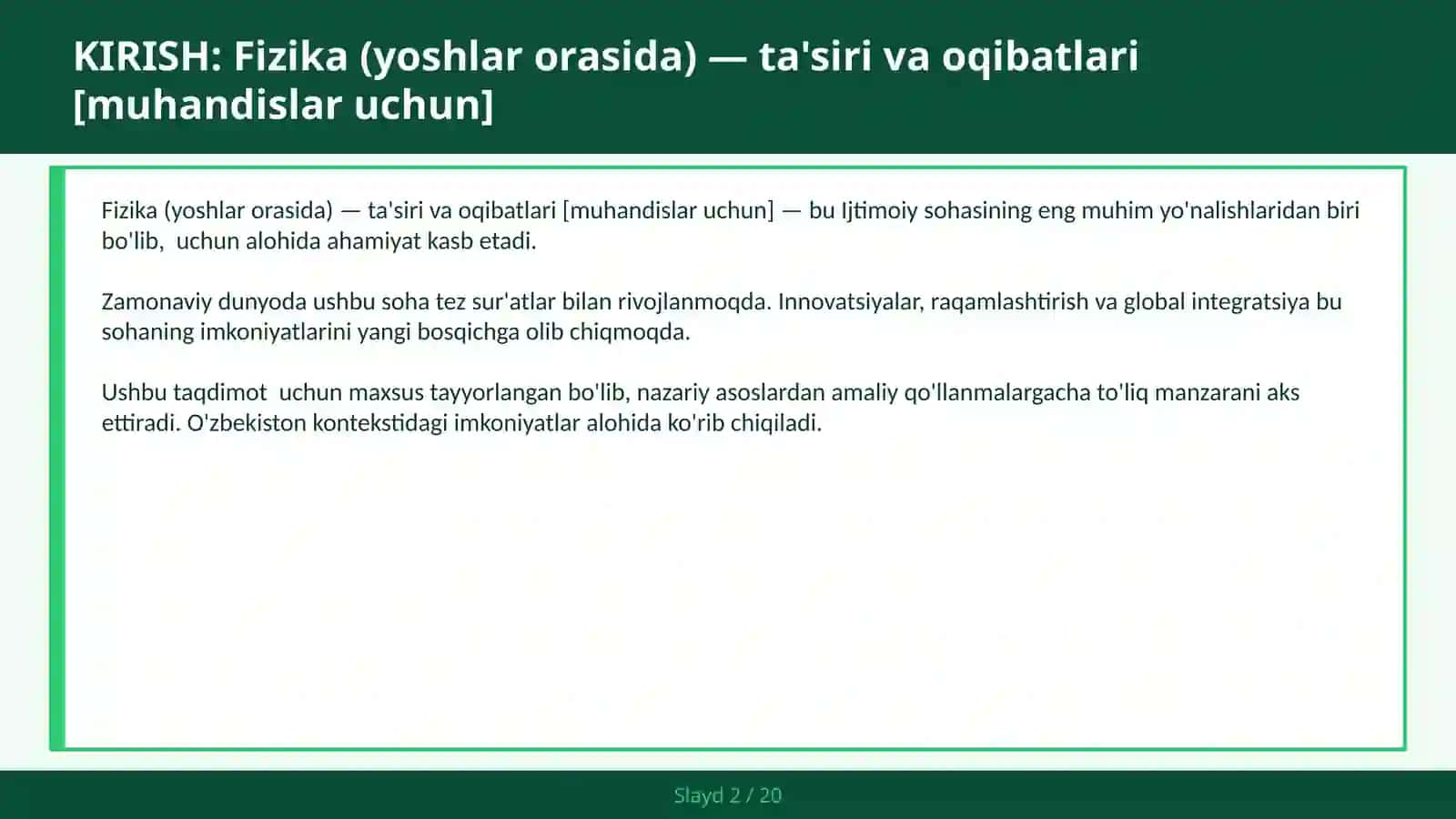 Fizika (yoshlar orasida) — ta'siri va oqibatlari [muhandislar uchun] 2