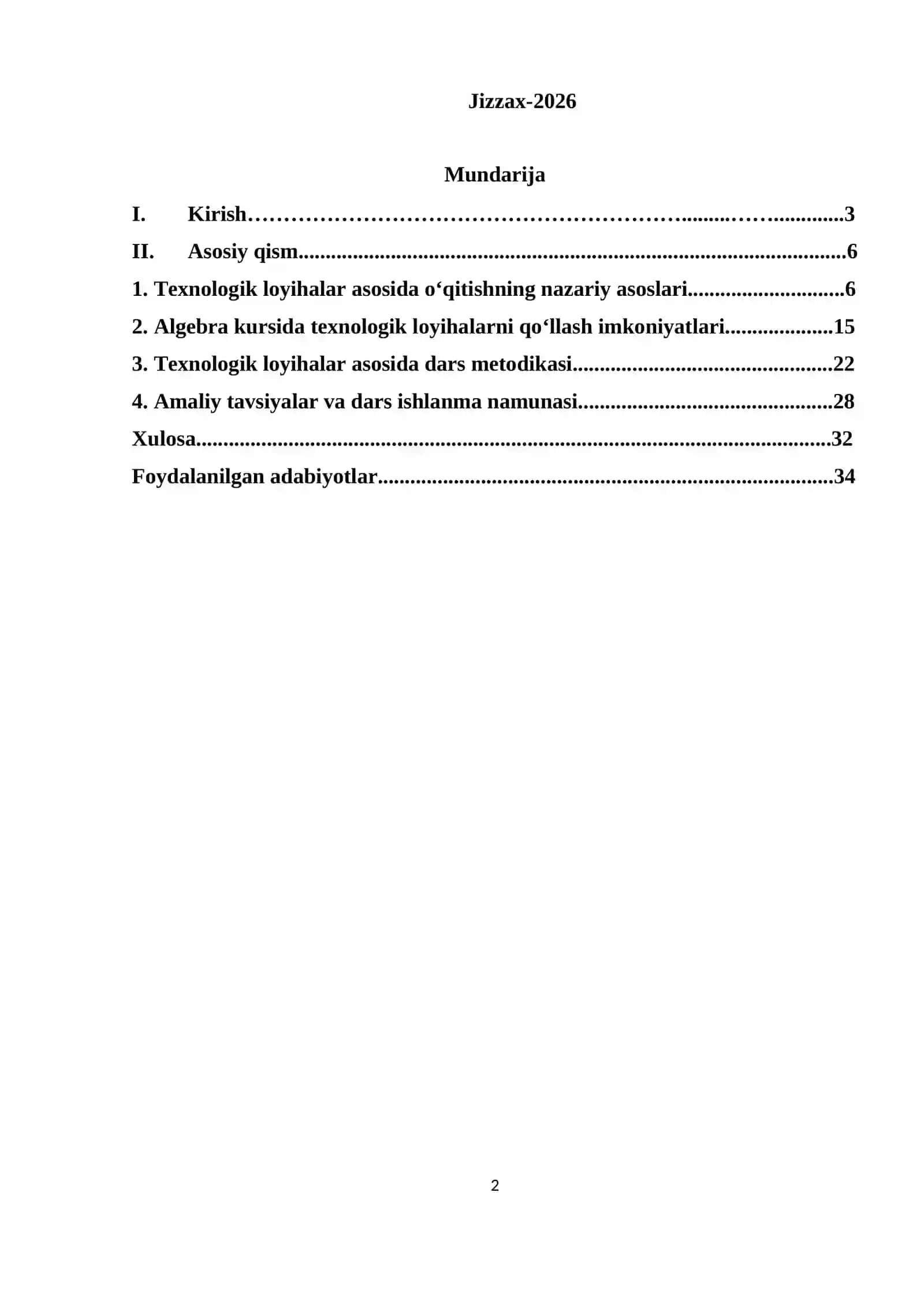 Algebra kursini texnologik loyihalar asosida o`qitish kurs ishi 2