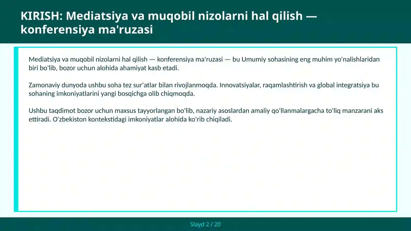 Mediatsiya va muqobil nizolarni hal qilish — konferensiya ma'ruzasi 2