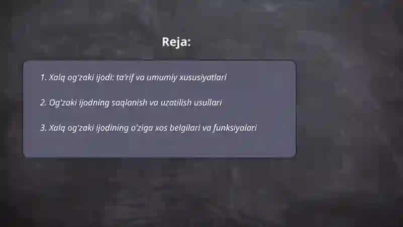 Xalq og'zaki ijodi. Xalq og'zaki ijodining o'ziga xos belgilari Mif afsona va RIVOYATLARNING JANR XUSUSIYATLARI 2