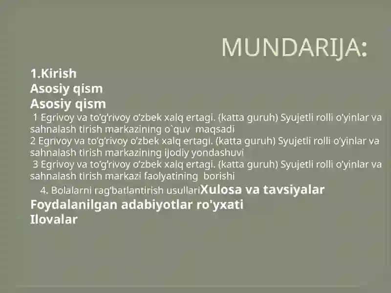 EGRIVOY  VA TUG’RIVOY O’ZBEK XALQ ERTAGI(KATTA GURUH). SYUJEDLI –ROLLI O’YINLAR VA SAHNALASHTIRISH MARKAZI 2