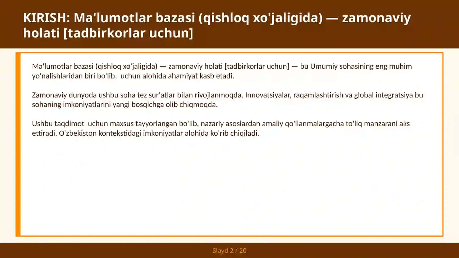 Ma'lumotlar bazasi (qishloq xo'jaligida) — zamonaviy holati [tadbirkorlar uchun] 2