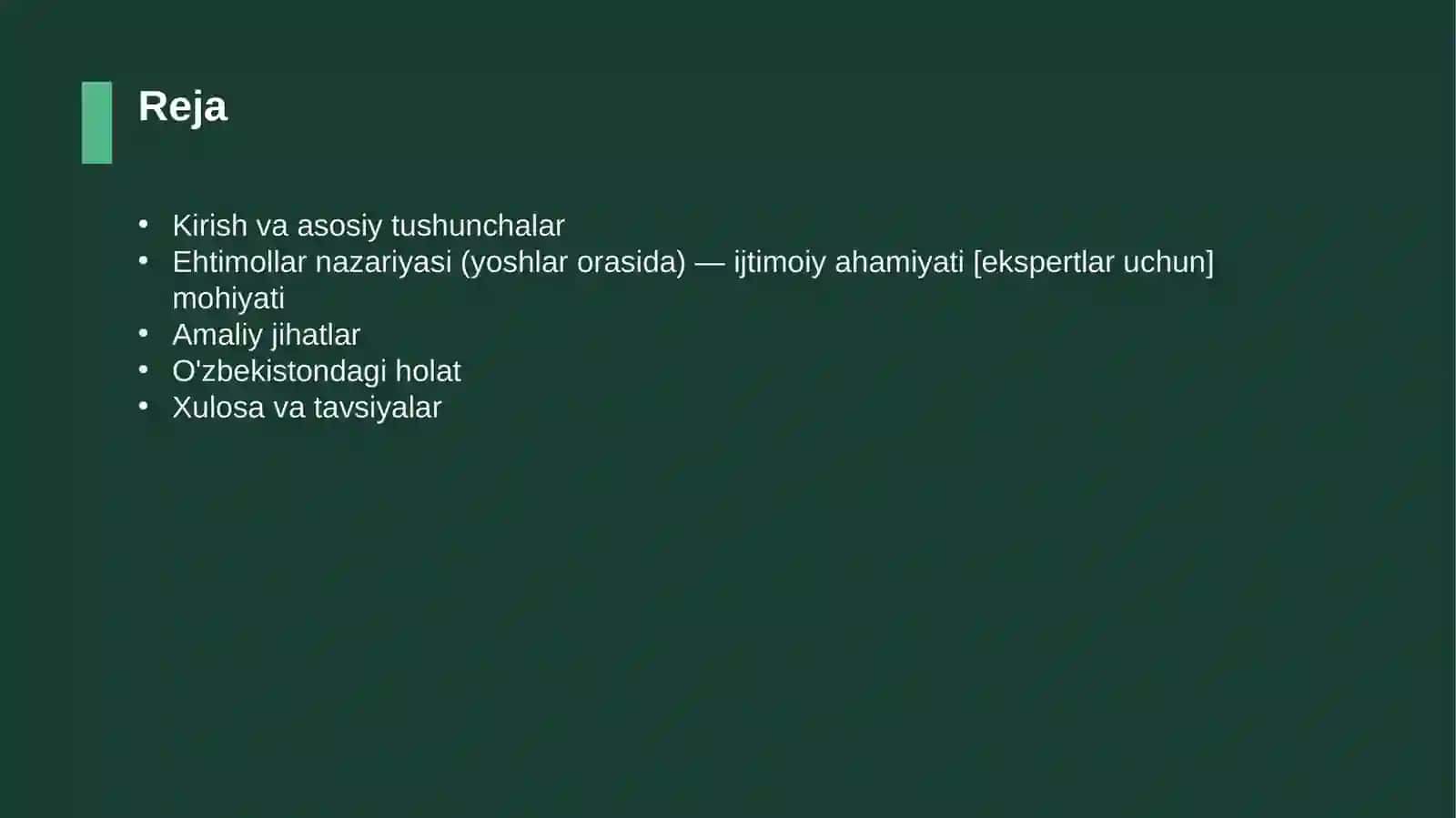 Ehtimollar nazariyasi (yoshlar orasida) — ijtimoiy ahamiyati [ekspertlar uchun] 2