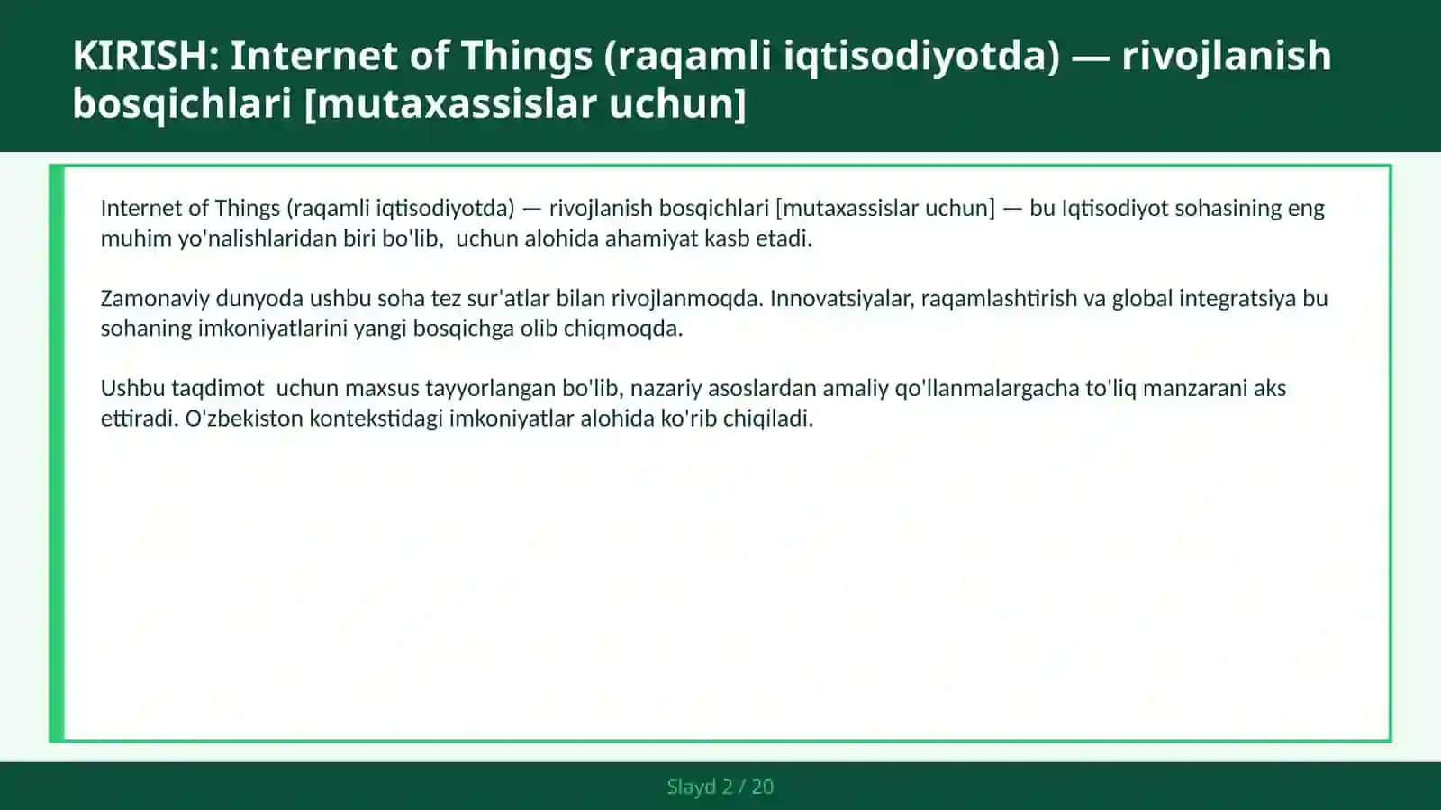 Internet of Things (RAQAMLI IQTISODIYOTDA) — RIVOJLANISH BOSQICHLARI [MUTAXASSISLAR UCHUN] 2