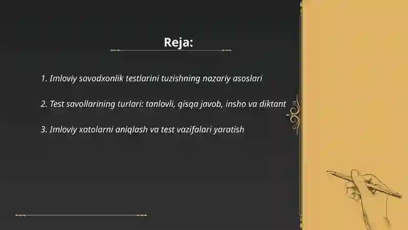 Imloviy savodxonlikga oid test va savollarni tuzish va bajarish 2