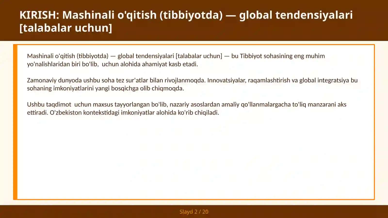 MASHINALI O'QITISH (TIBBIYOTDA) — GLOBAL TENDENSIYALARI [TALABALAR UCHUN] 2