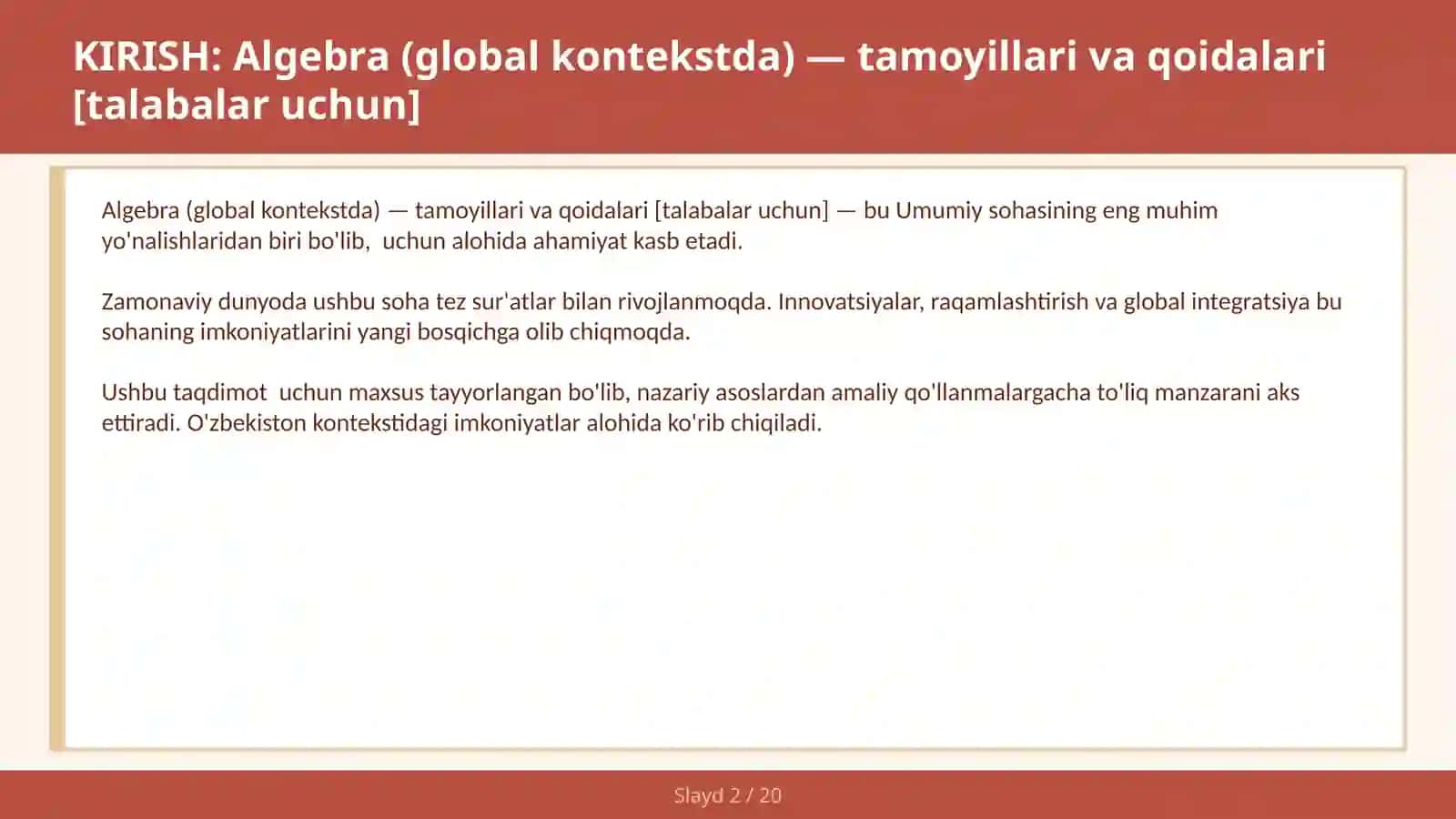 Algebra (GLOBAL KONTEKSTDA) — TAMOYILLARI VA QOIDALARI [TALABALAR UCHUN] 2