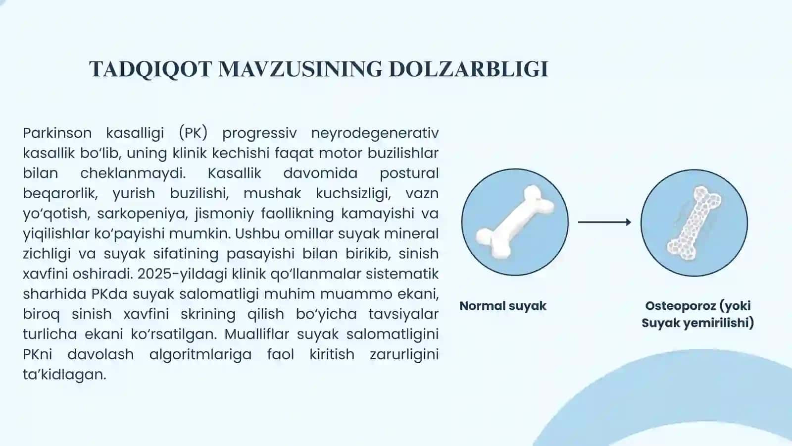 parkinson kasalligida suyak-mineral almashinuvi buzilishlarini klinik belgilari (Osteoporoz 2