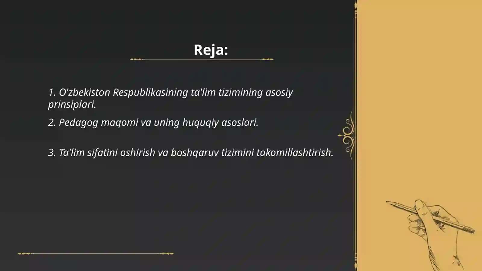O'zbekiston Respublikasining ta'lim sohasidagi va pedagogning maqomi tug'risidagi qonunning mazmuni 2