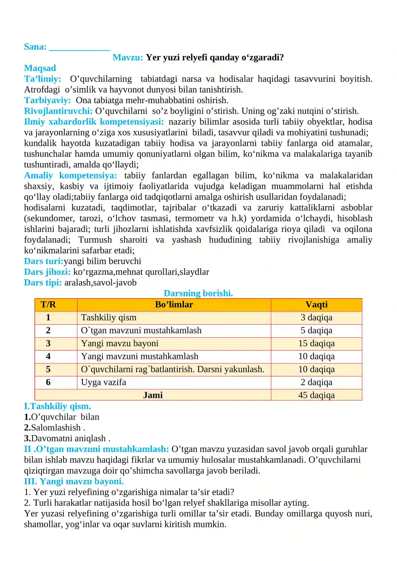 3-sinf Tabiiy fan (Science) Yer yuzi relyefi qanday o'zgaradi dars ishlanma 2