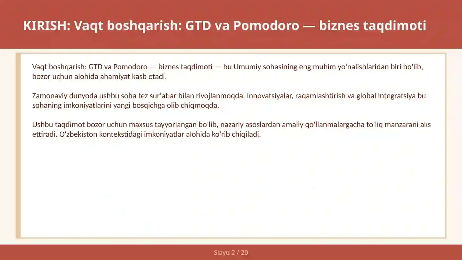 Vaqt boshqarish: GTD va Pomodoro — biznes taqdimoti 2