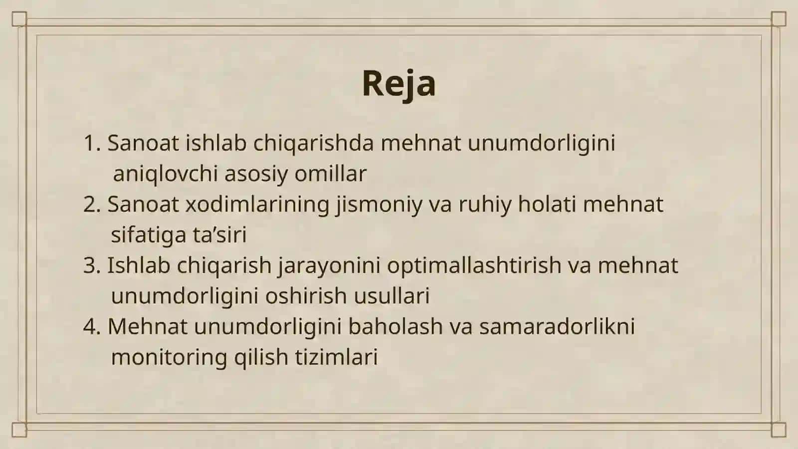 SANOAT ISHLAB CHIQARISH XODIMLARI MEHNAT UNIMDORLIGIGA TASIR ETUVCHI OMILLAR VA ULARNI TAHLILI 2