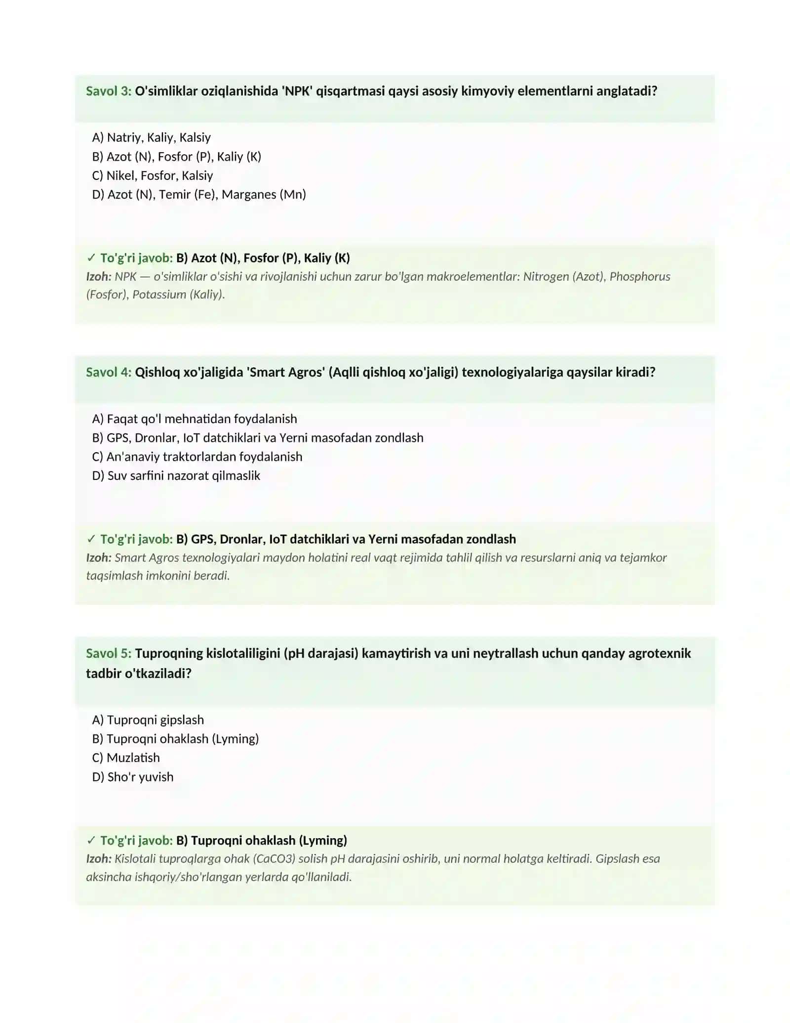 Agros / Agrosanoat sohasi bo'yicha test savollari va to'liq javoblar to'plami 2