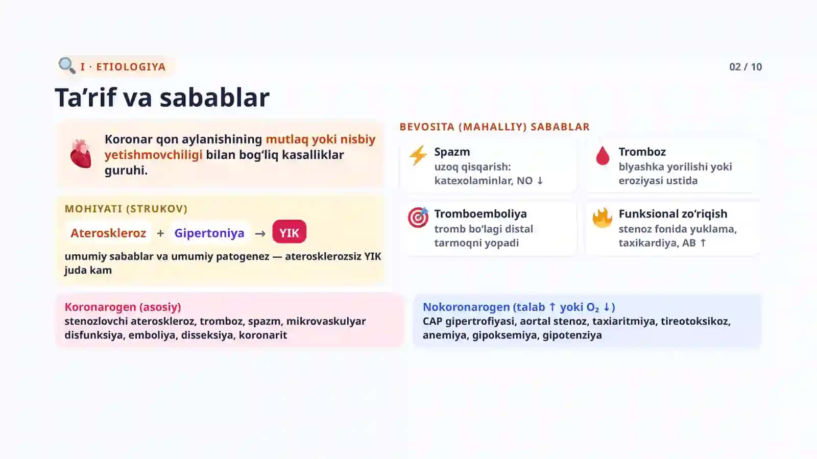 Yurak ishemik kasalligi. Stenokardiyalar va o'tkir miokard infarkti. Klinik-laborator 6 tekshiruv natijalarini tahlil qilishni, to'plangan ma'lumotlar asosida taxminiy tashxis qo'yishni, birinchi yordam ko'rsatishni hamda keyingi taktikani aniqlashni o'rgatish. O'tkir koronar sindrom va Miokard infarktida stomatolog taktikasi. 2