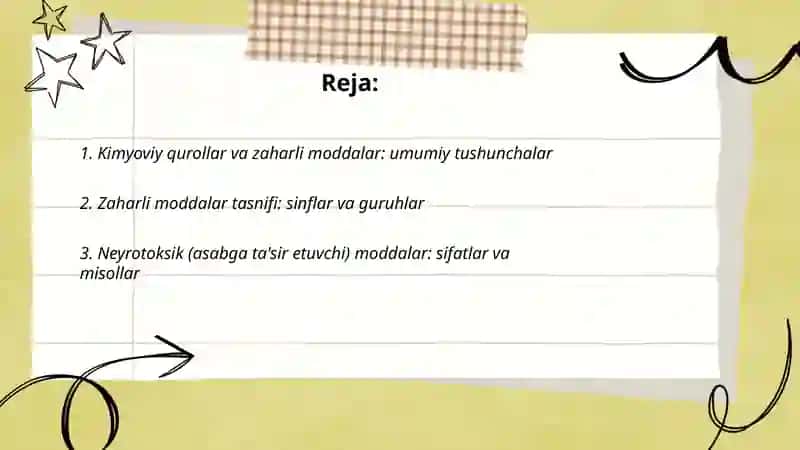 Kimyoviy qurollar Zaxarli moddalarning tasnifi. Kimyoviy vaziyatni baholash 2