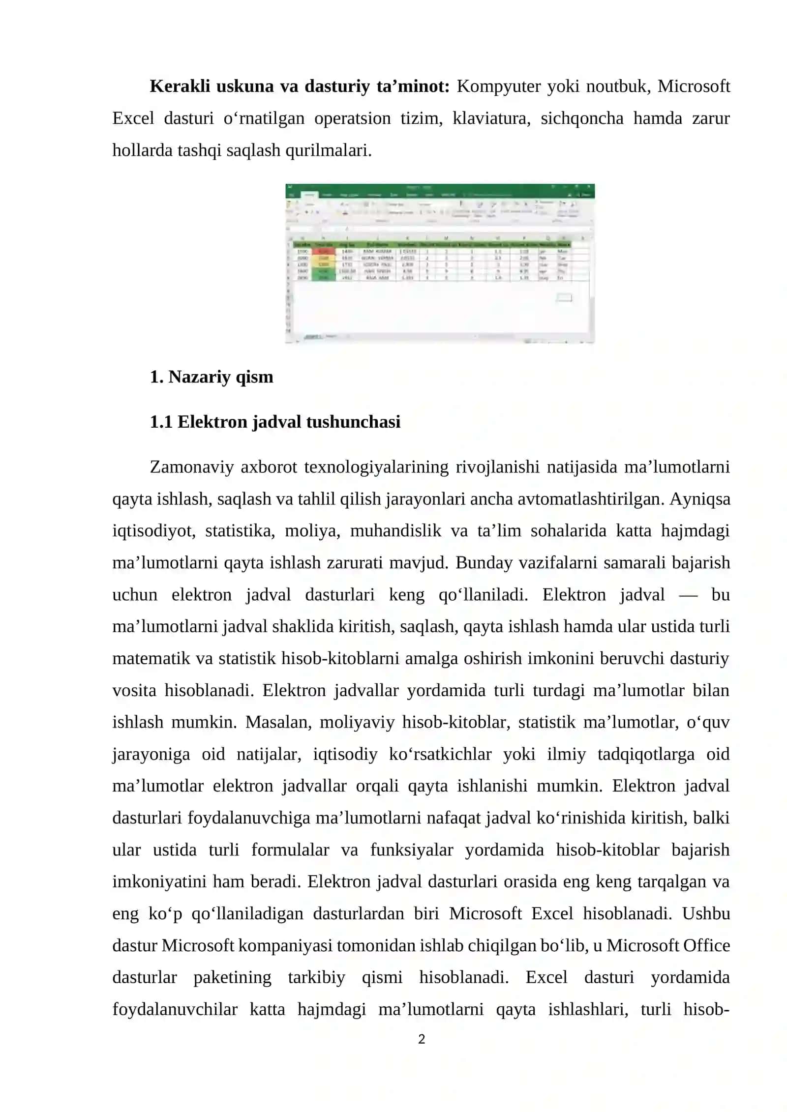 MS Excel elektron jadvali va ular bilan ishlash 2