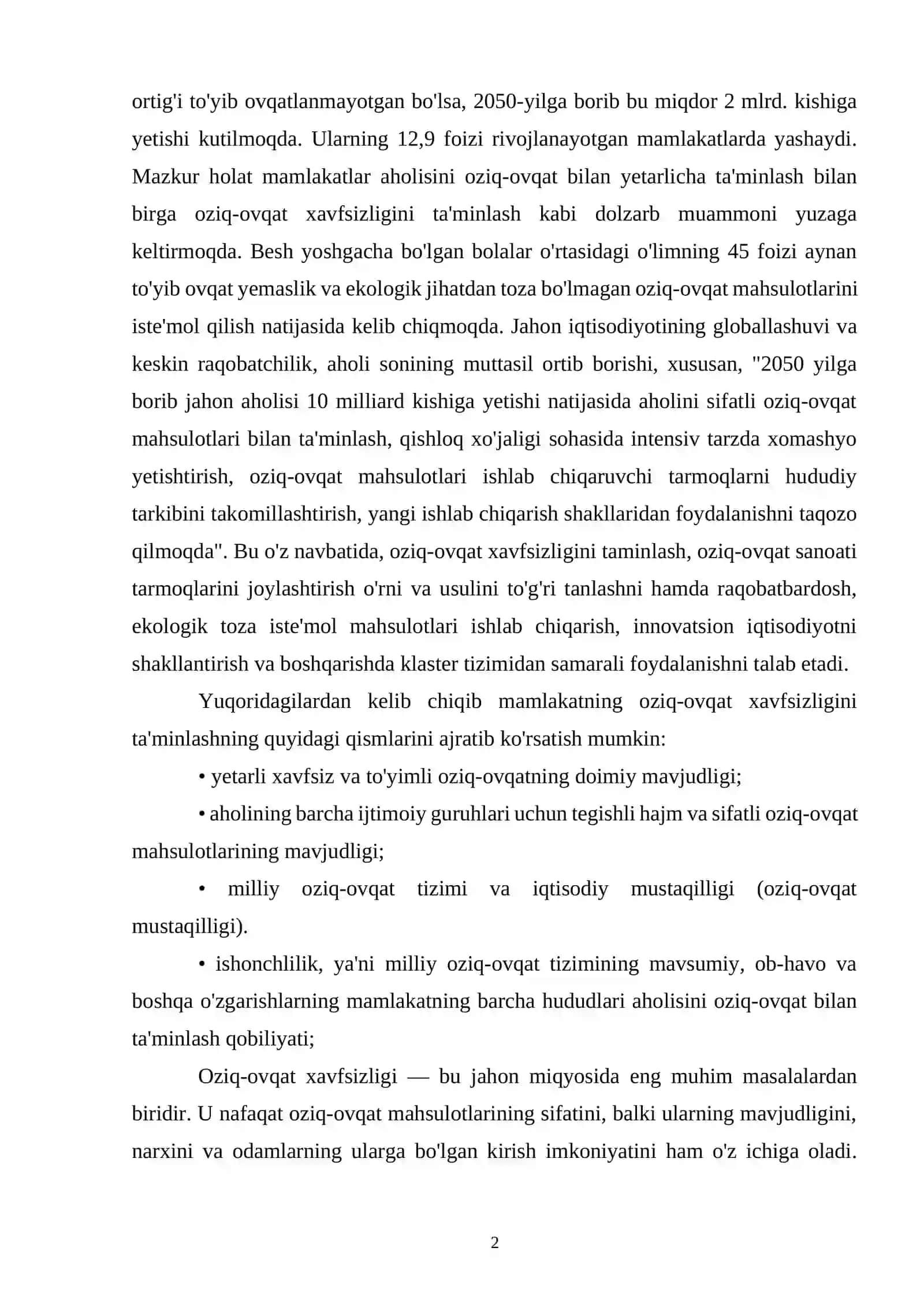 OZIQ-OVQAT XAVFSIZLIGI. GLOBAL VA MAHALLIY MUAMMOLAR 2