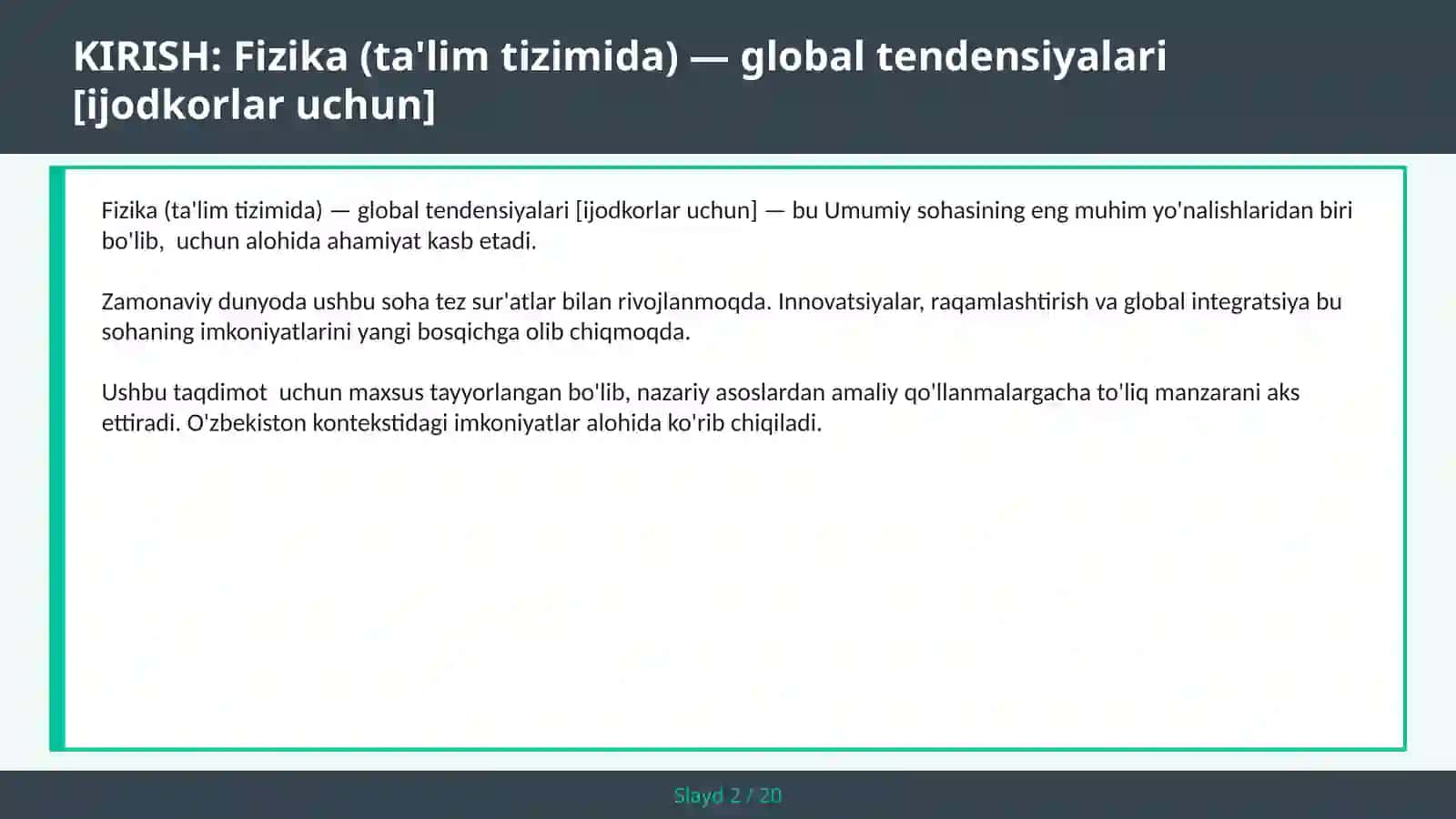 Fizika (ta'lim tizimida) — global tendensiyalari [ijodkorlar uchun] 2