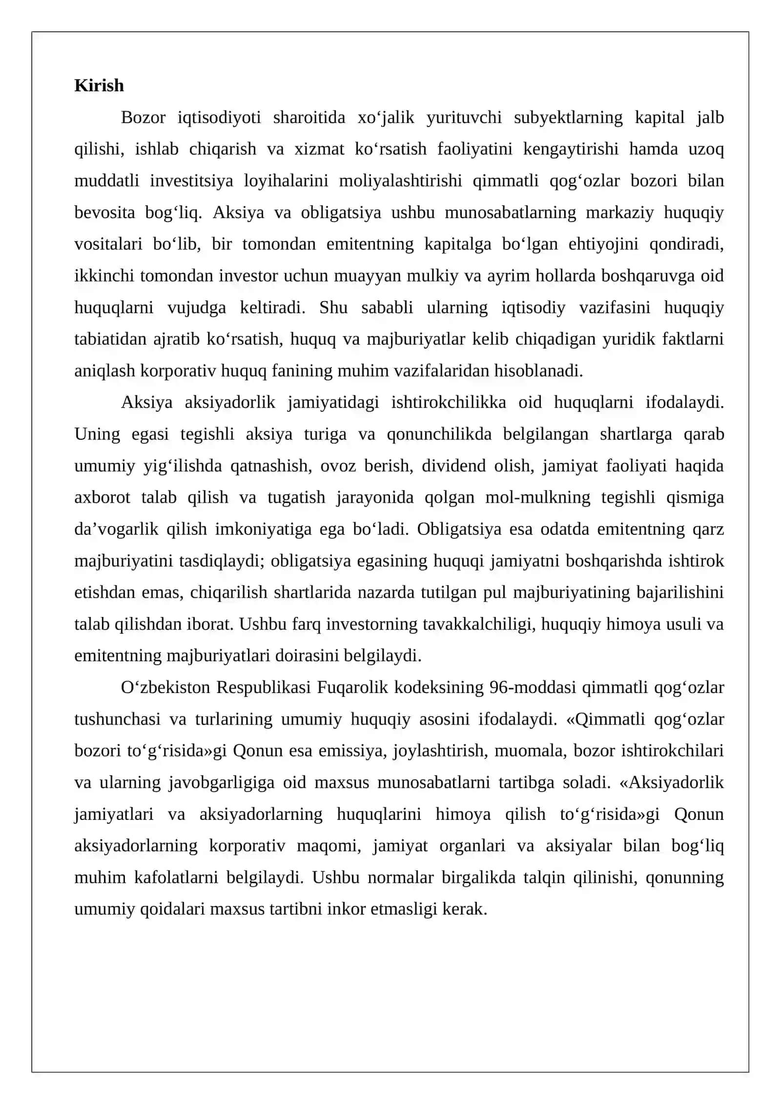 Aksiya va obligatsiyalarning huquqiy tabiati emissiya, joylashtirish, muomala va investorlar manfaatlarini himoya qilish. 2