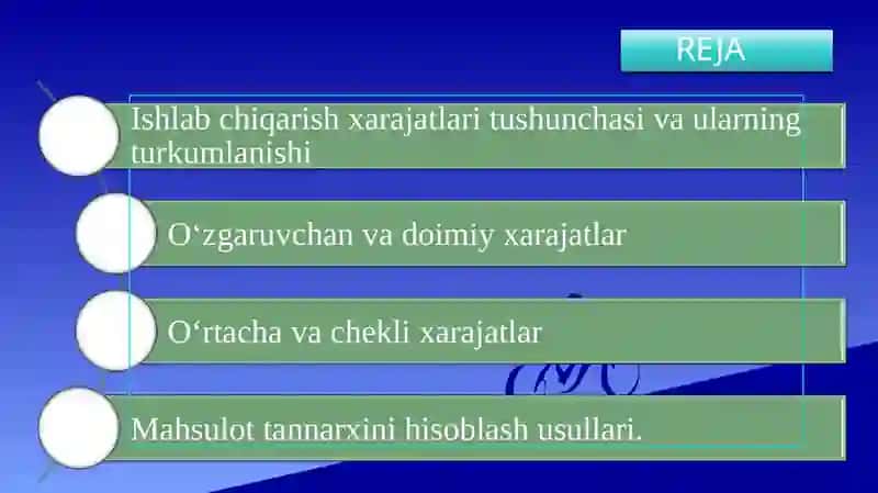 ISHLAB CHIQARISH XARAJATLARI VA MAHSULOT TANNARXI. 2