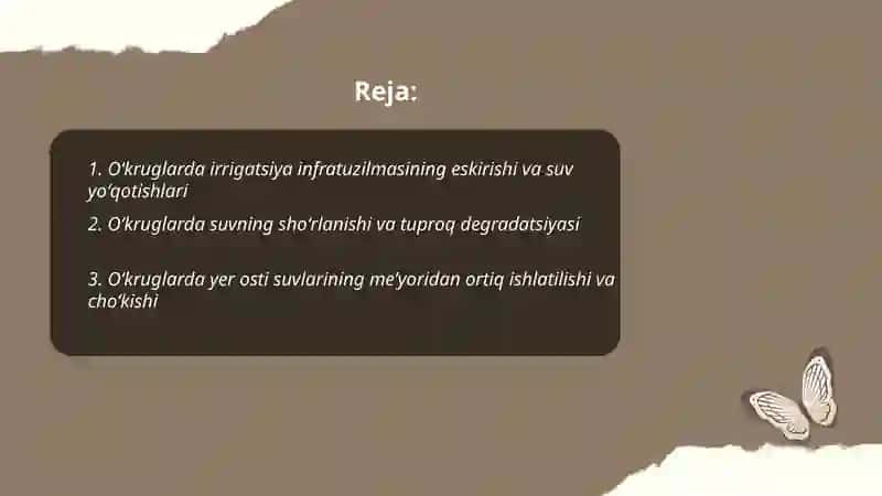Oʻzbekistonda suv resurslaridan foydalanishda yuzaga kelayotgan muammolar (oʻkruglar miqyosida) Elmurodov Jahongir 2
