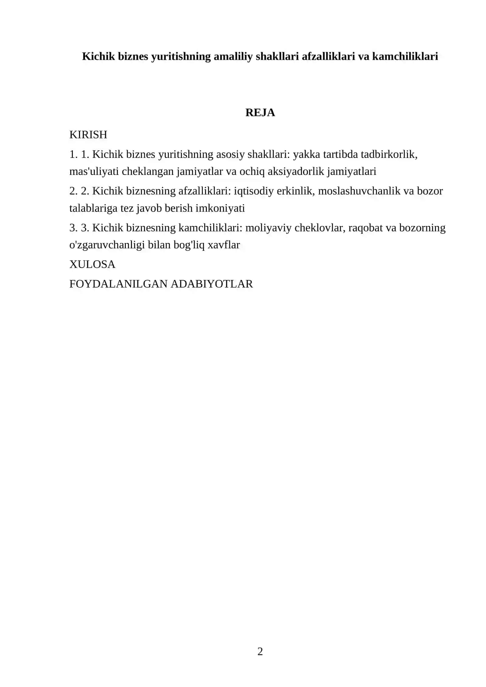 Kichik biznes yuritishning amaliliy shakllari afzalliklari va kamchiliklari 2