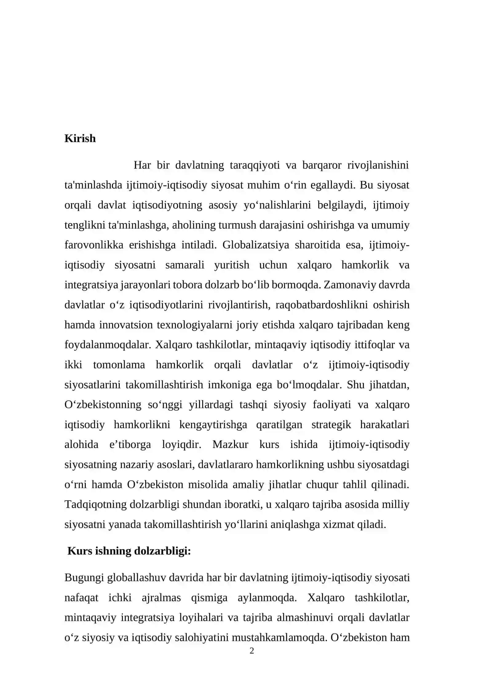 IJIMOIY -IQTISODIY SIYOSATNI QO’LLASHDA DAVLATLARARO HAMKORLIK MOHIYATI 2