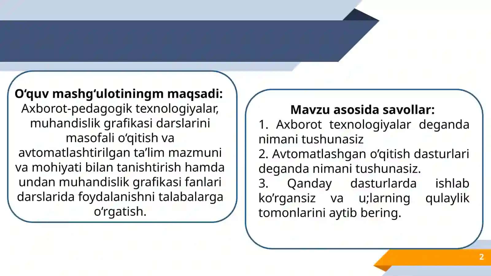 AVTOMATLASHTIRILGAN O’QITISH DASTURLARINIAMALIYOTDAQO’LLASH 2