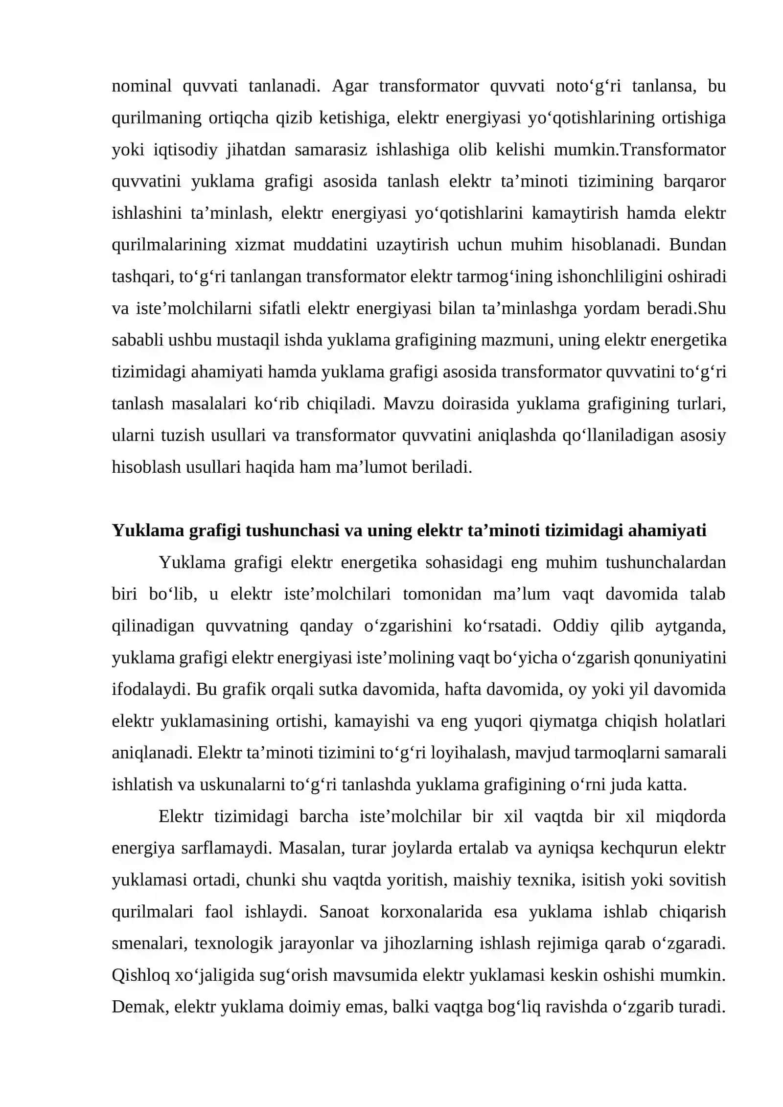 Yuklama grafigi asosida transformator quvvatini tanlash 2