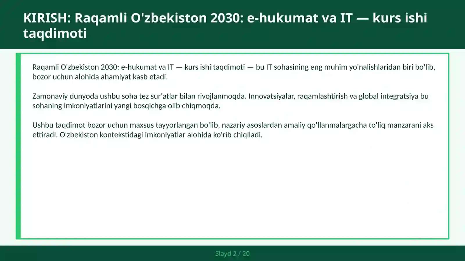 Raqamli O'zbekiston 2030: E-Hukumat va IT — Kurs ishi taqdimoti 2