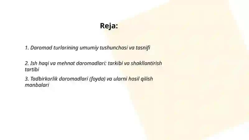 Daromad turlari tarkibi va ularning shakllantirish tartibi daromad manbalari 2