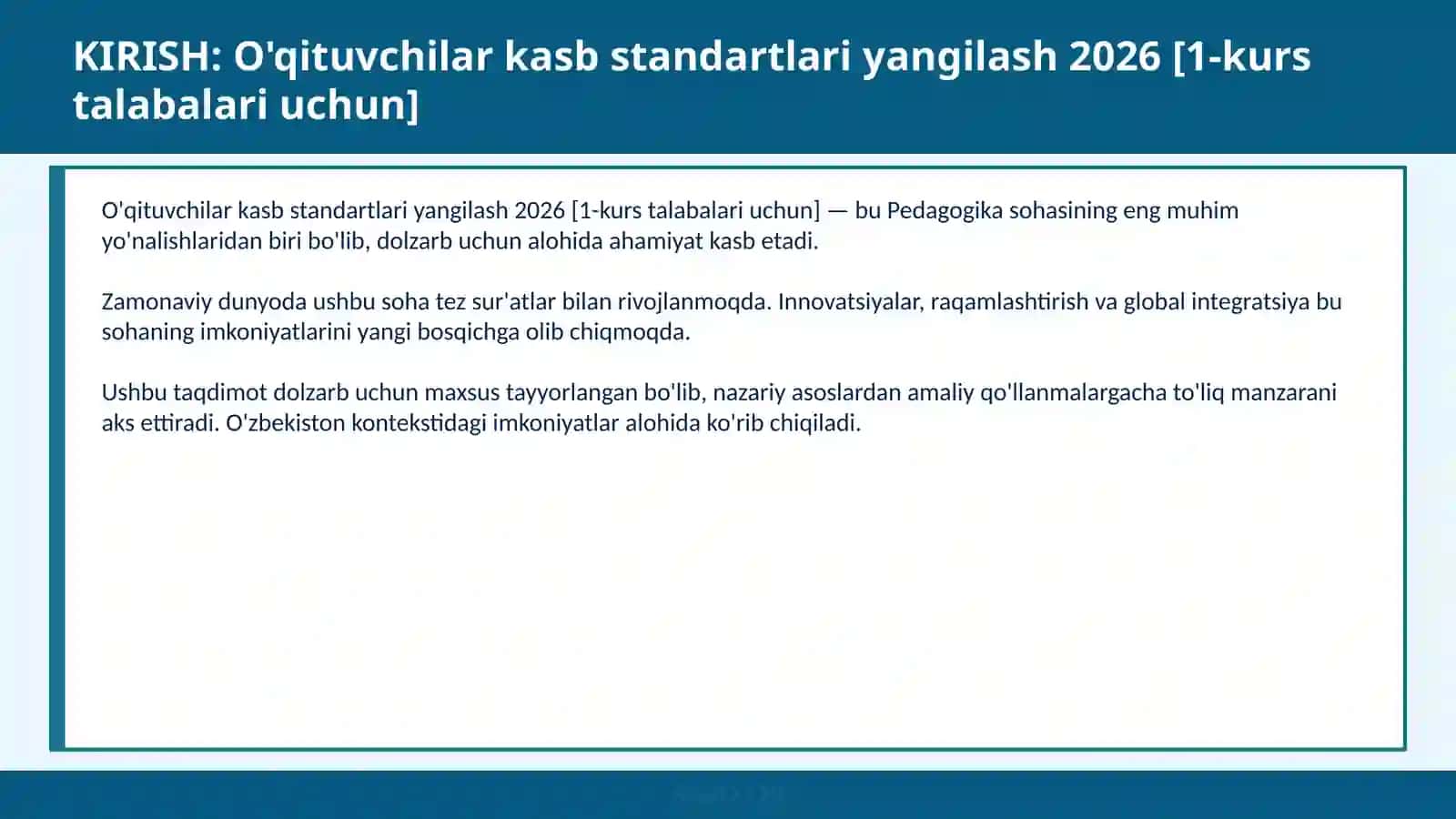 O'qituvchilar kasb standartlari yangilash 2026 [1-kurs talabalari uchun] 2