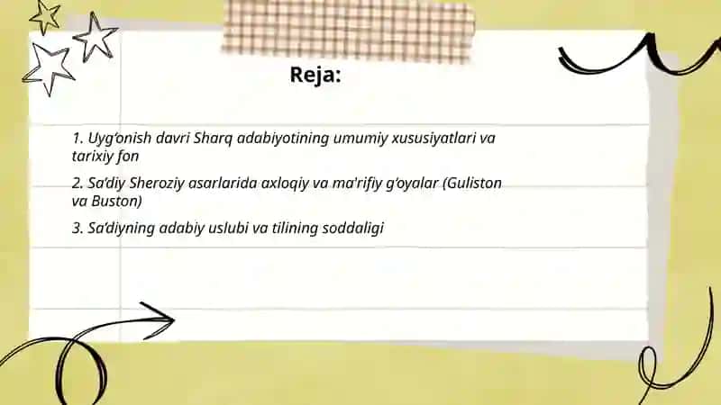 Uyg‘onish davri Sharq adabiyoti. Sa’diy Sheroziy, Fuzuliy, Navoiy, F.Attor, Jomiy, Bobur, asarlari 2