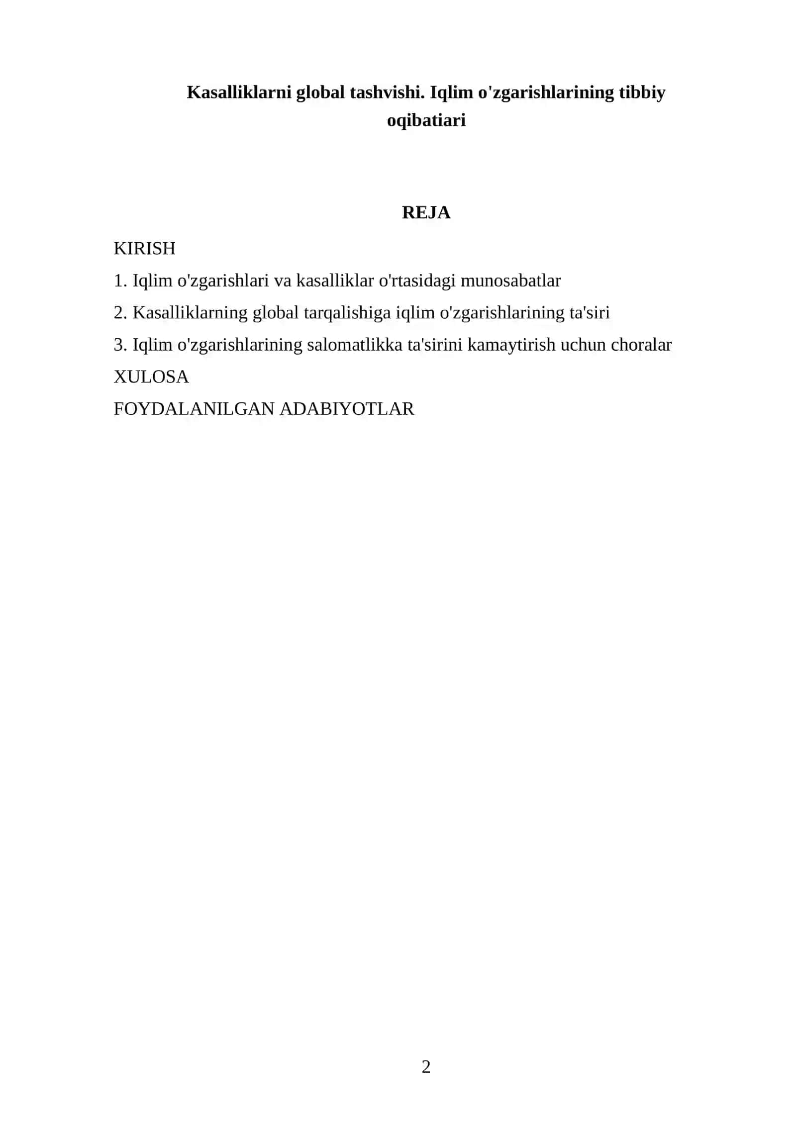 Kasalliklarni global tashvishi. Iqlim o'zgarishlarining tibbiy oqibatiari 2