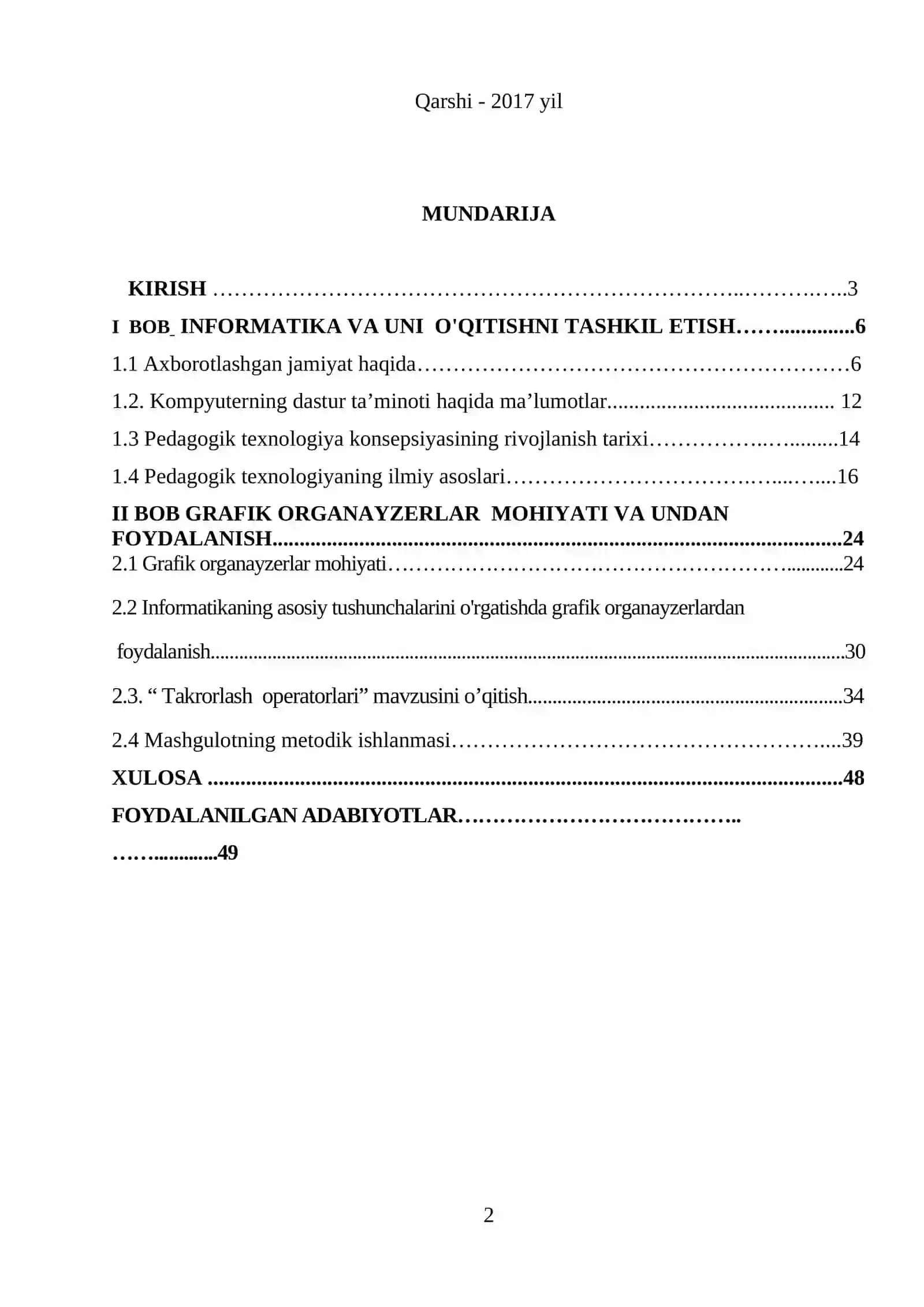 Informatika o’qitishda grafik organayzerlardan foydalanish mavzusidagi BITIRUV MALAKAVIY ISHI 2