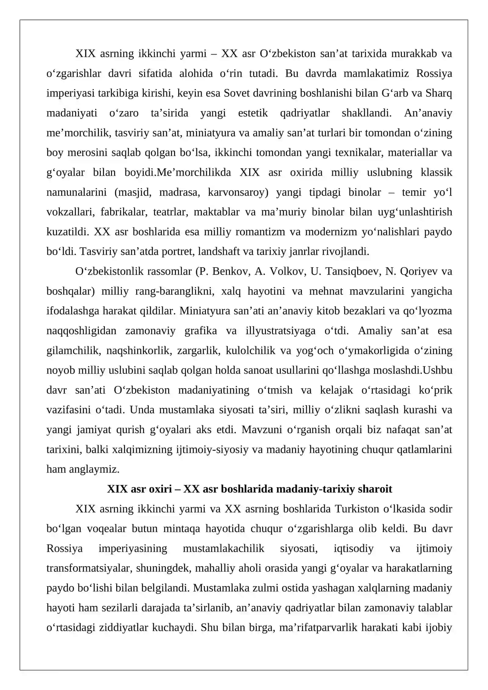 XIX asr ikkinchi yarmi – XX asrda O‘zbekistonda me’morchilik, tasviriy san’at, miniatyura va amaliy san’at 2