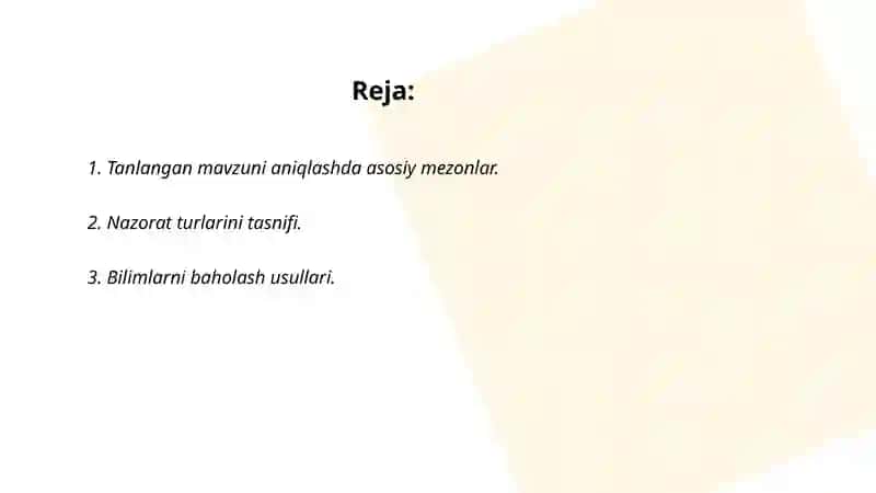 Tanlangan mavzu bo’yicha nazorat turlari va tabaqalashtirilgan topshiriqlarni loyihalashtirish 2