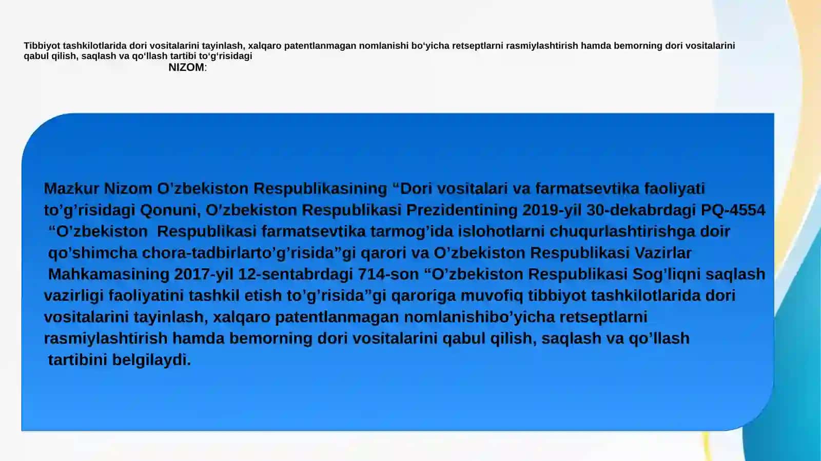O’ZBEKISTON RESPUBLIKASI PREZIDENTINING RETSEPTURAGA ASOSLANGAN QONUN VA FFARMOYISHLARI 2