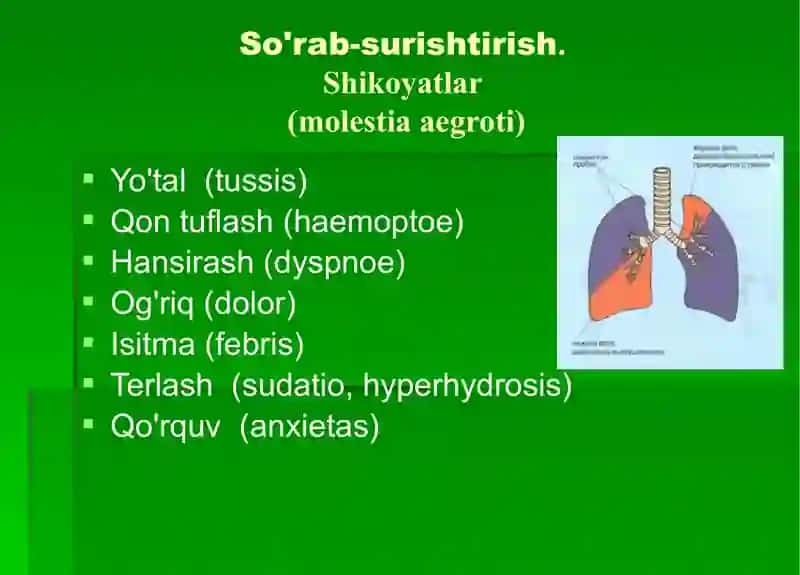 PULMONOLOGIK PROFILDAGI BEMORLARDA SO'RAB-SURISHTIRISH, KO’ZDAN KECHIRISH, KO'KRAK QAFASNI PAYPASLASH VA PERKUSSIYA QILISHNING DIAGNOSTIK AHAMIYATINI BAHOLASH 2