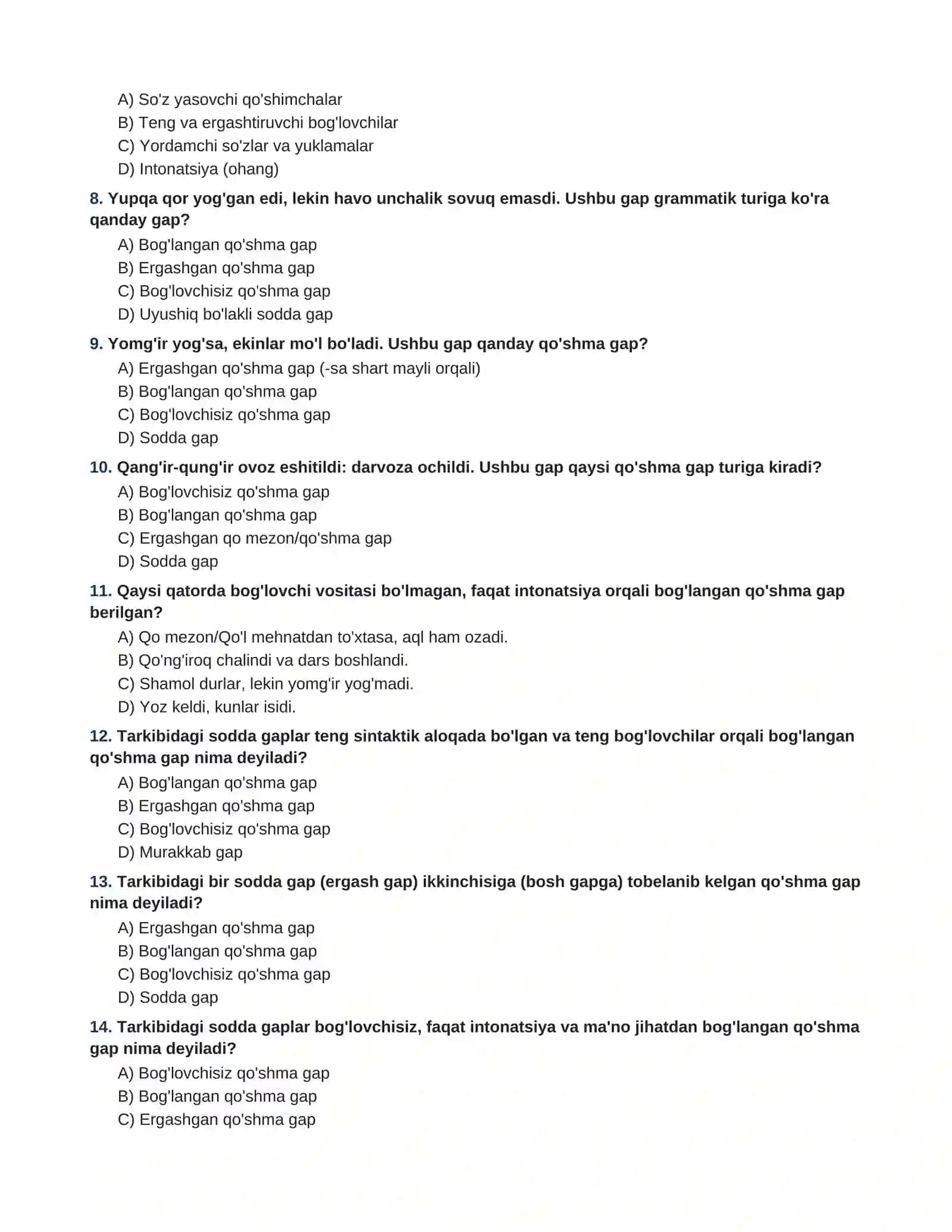 QO'SHMA GAP HAQIDA TUSHUNCHA VA UNING TURLARI  100 TA TEST TOPSHIRIQLARI VA JAVOBLARI 2