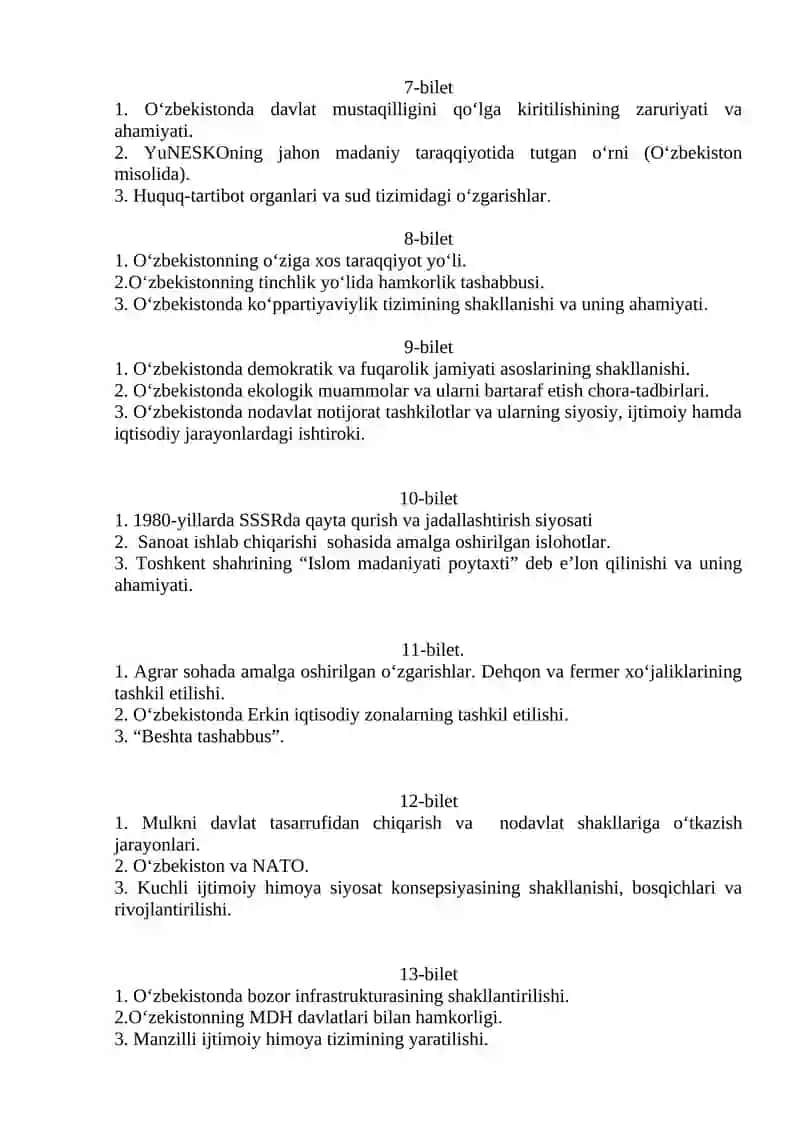 O‘zbekistonning eng yangi tarixidan oraliq nazorati savollari 2