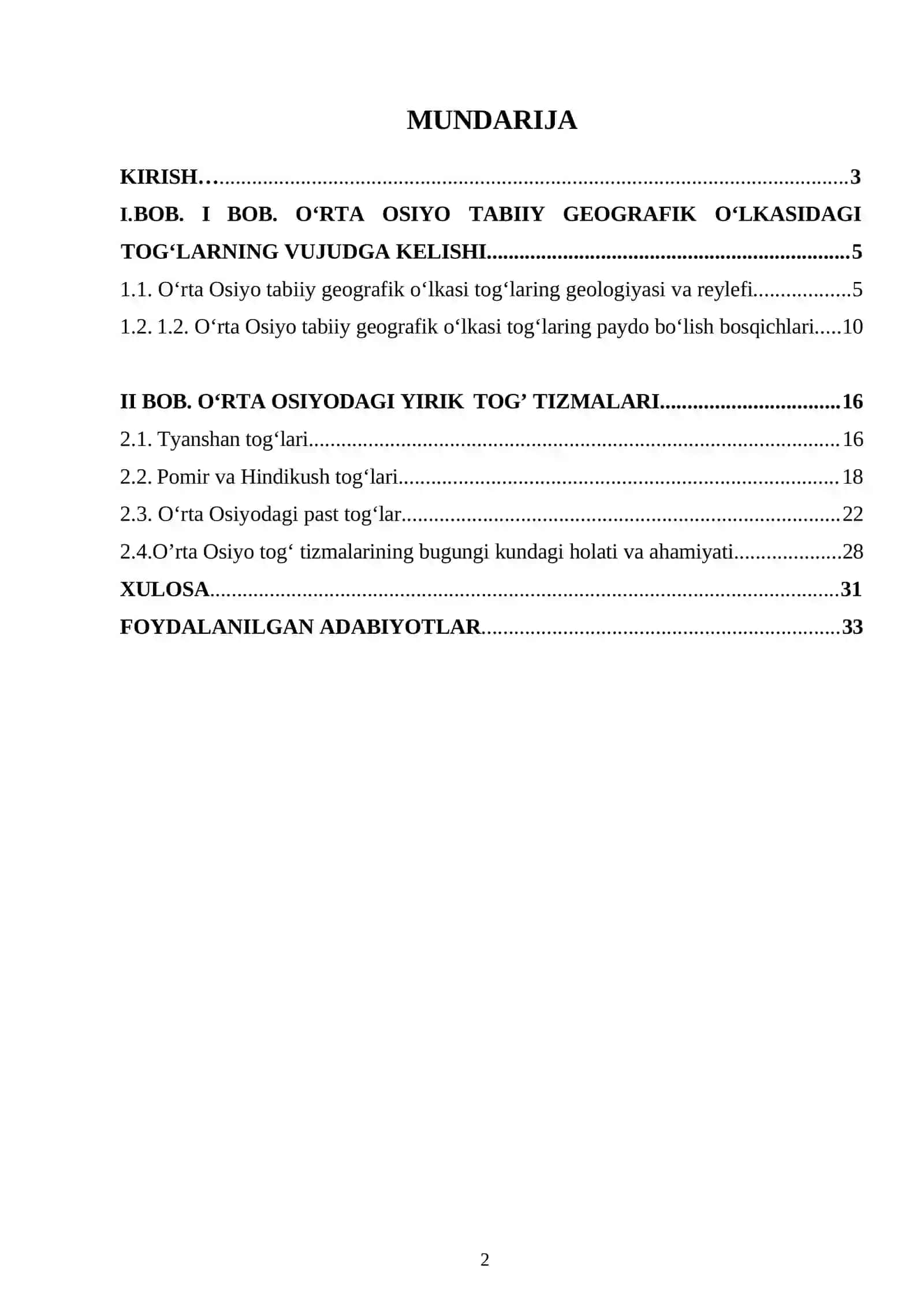 OʻRTA OSIYO TABIIY GEOGRAFIK OʻLKASIDAGI TOGʻ TIZMALARING SHAKLLANISHI VA BUGUNGI KUNDAGI HOLATI 2