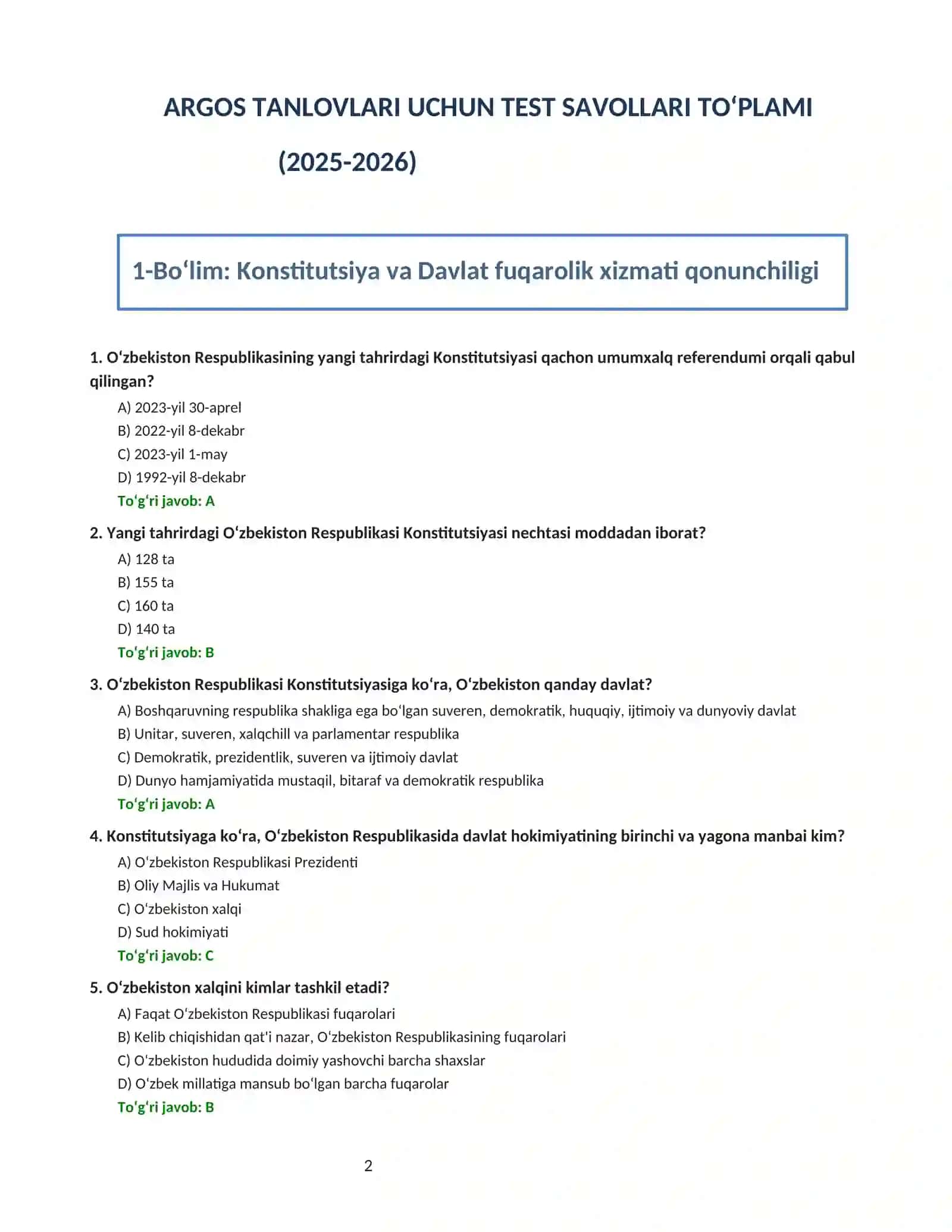 📚 "ARGOS testlari  —  2026 YANGI NASHR  | 1000+ savollar va javoblar" 2